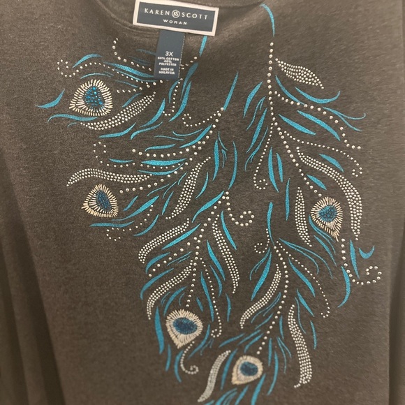 Karen Scott Plus Size 3X Gray Top Peacock Feather Graphic Embellished Bling top - Picture 8 of 15